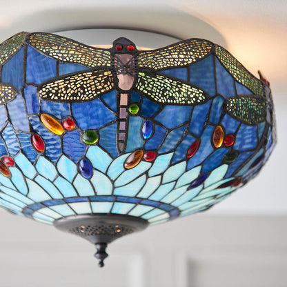 Dragonfly 41cm Tiffany Flush Ceiling Light, Blue