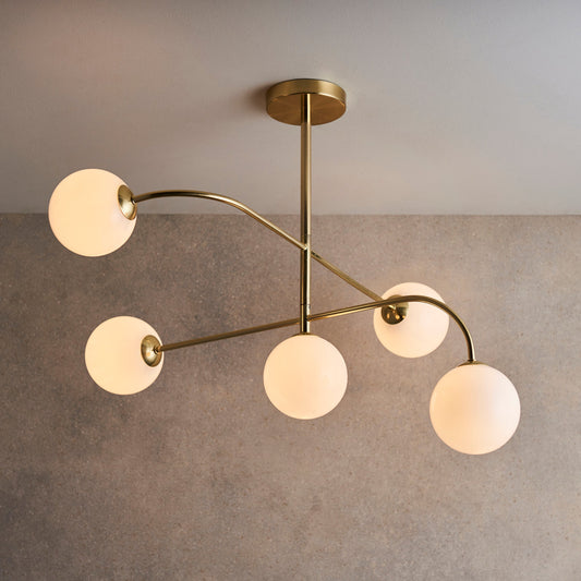 Otto 5-Light Semi-flush Ceiling Light, Opal/Brass