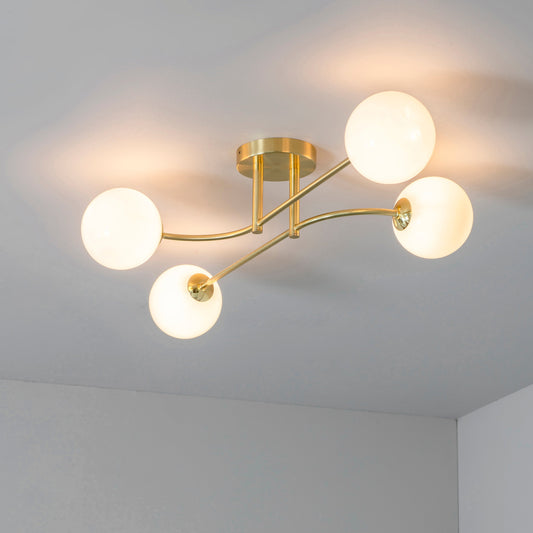 Otto 4 Light Semi Flush Ceiling Light, Opal/Brass